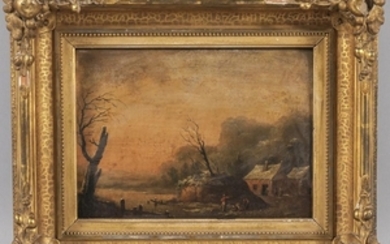 Anglo-American School, 19th Century Winter Scene with Figures and Cottage by a River