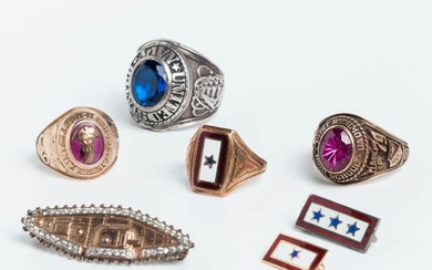 Group of Class Rings and Military-themed Brooches