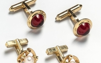 One Pair of 14kt Gold and Pearl Cuff Links and a Pair of Gold-plated Cuff Links
