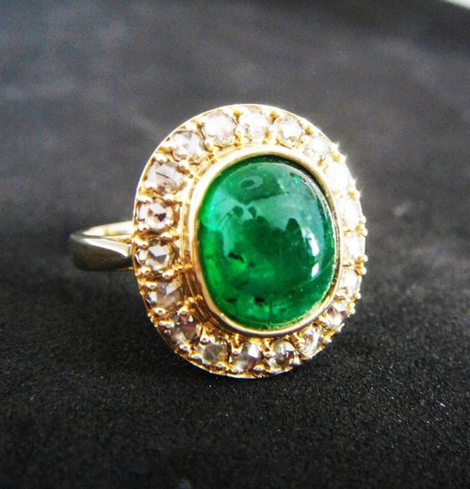14 kt. Gold - RingCertified Natural Emerald- Rose Cut Diamonds