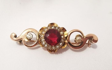 14 kt. Yellow gold - Brooch - 3.10 ct Ruby - Pearls