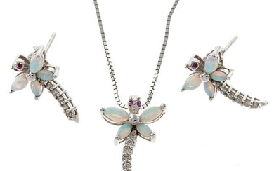 14K Opal & Diamond Dragonfly Necklace & Earrings