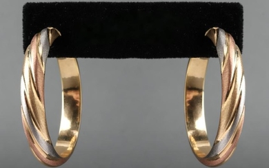 14K Tri-Gold Satin Finish Hollow Hoop Earrings