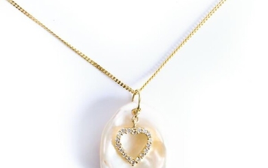 14K YG Baroque Pearl & Diamond Heart Necklace
