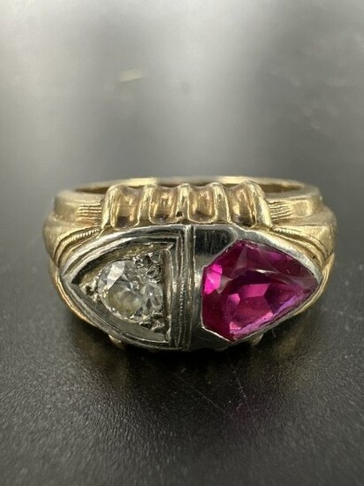 14k ruby and diamond mens ring, circa 1945