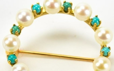 14kt Yellow Gold Cultured Pearl & Turquoise Pin
