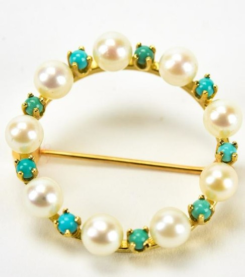 14kt Yellow Gold Cultured Pearl & Turquoise Pin
