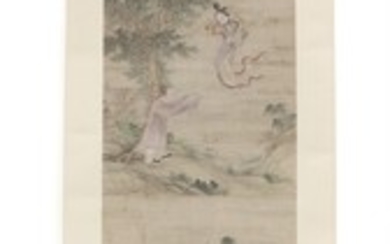 Chinese scroll painted on paper in colours three legends on same scroll. 19th-20th century. Each 40×29 cm
