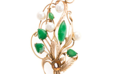 A Lady's 14K Jade and Pearl Floral Pin