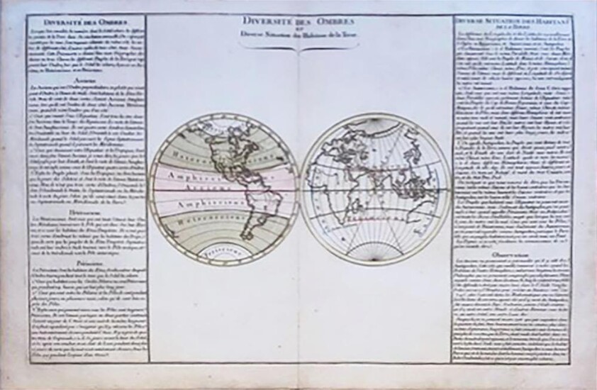 17th c. H/C Engraved Map DIVERSITÉ DES OMBRES ET DIVERSE SITUATION DES HABITANS DE LA TERRE Buy de Mornas 1761