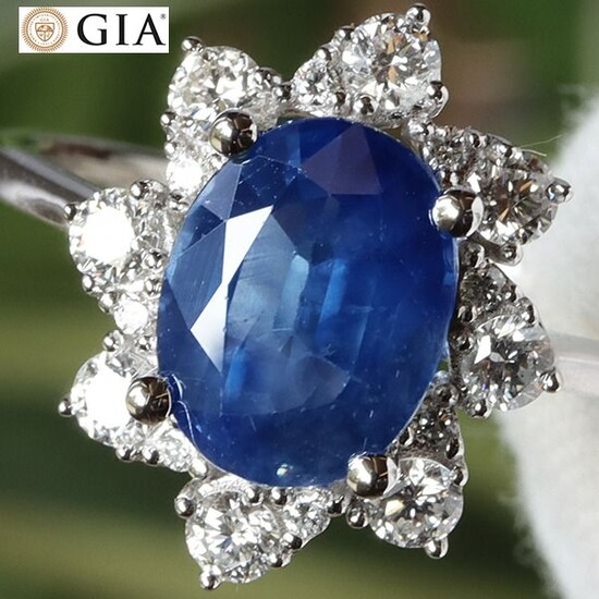 18 kt. White gold - Ring GIA Certified Total 3.07 ct Nice Blue Sapphire - VS Diamonds
