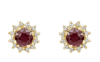 18 kt. Yellow gold - Earrings - 0.86 ct Rubies - Diamonds
