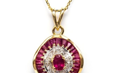 18 kt. Yellow gold - Necklace with pendant - 1.50 ct Rubies - 0.08 ct Diamonds - No Reserve Price