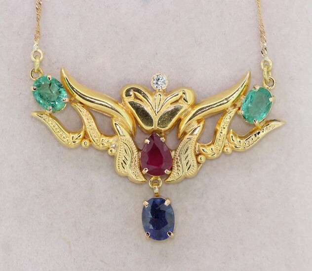 18 kt. Yellow gold - Necklace with pendant - 2.00 ct Emerald - Diamonds, Ruby, Sapphire