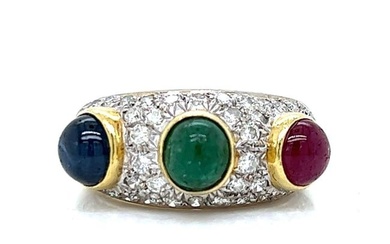 18K Yellow Gold Ruby Sapphire Emerald and Diamond Ring
