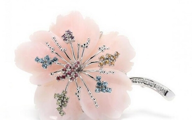 18KT White Gold, Pink Opal and Gem-Set Flower Brooch /