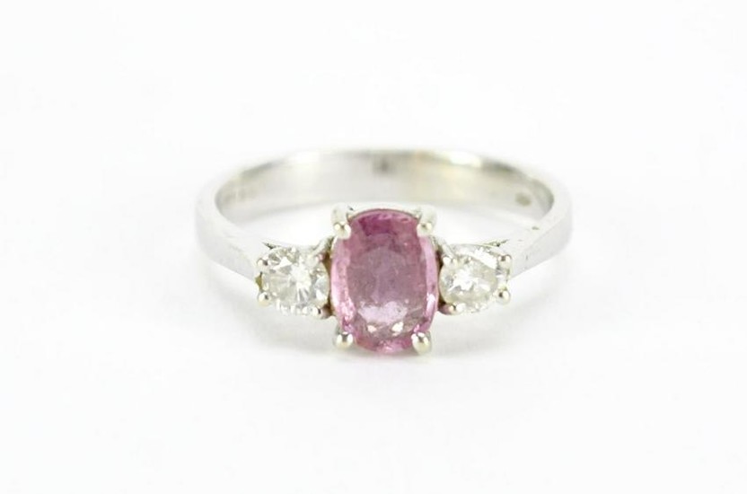 18ct white gold ruby and diamond ring, size N, 3.4g