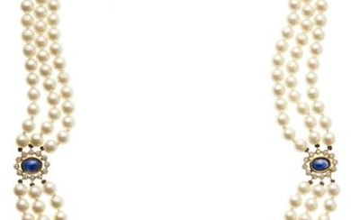 18kt yellow gold, cultured pearls, diamond and sapphire