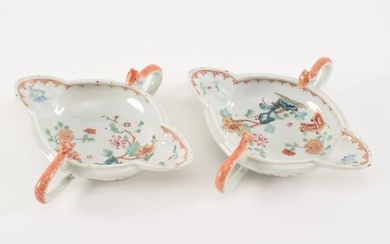 18th century Chinese export porcelain unusual double spout saucers. Famille rose landscape design.