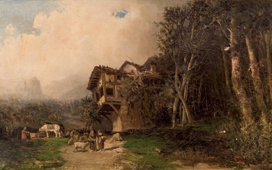 190th C. Spanish School. Figures in a landscape