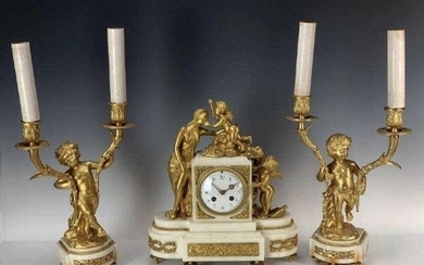 19TH C. DORE BRONZE AND MARBLE FIGURAL CLOCK SET