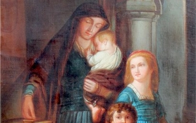 19TH CENTURY GENRE PAINTING WITH MOTHER AND CHILD