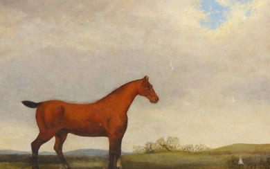 19TH CENTURY NAIVE SCHOOL, BAY HORSE IN AN EXTENSIVE LANDSCAPE, OIL ON CANVAS (RELINED), 74 x