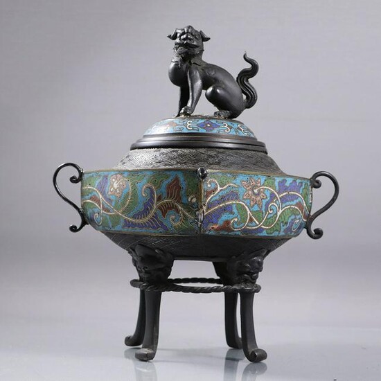 19th C. Oriental Bronze & Champleve Censer Foo Dog Top
