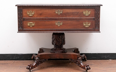 19th Century Empire Flamed Mahogany Pedestal Console Table With Two Drawers