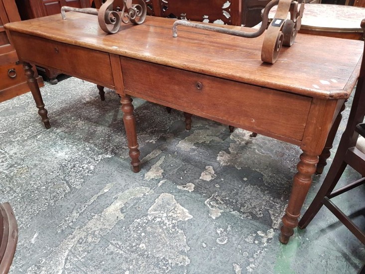 19th Century Long French Oak Work Table, with two frieze drawers & six turned legs