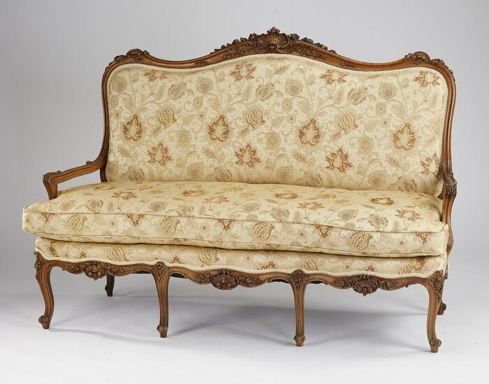 19th c. French Louis XV style carved walnut settee