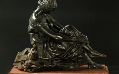 19th century bronze sculpture of Sappho on rouge marble base by James Pradier, signed