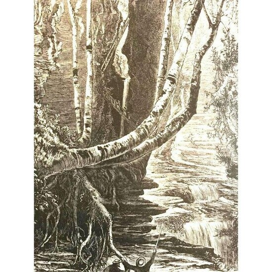 19thc Wood Engraving, Glen Creek Falls, New York