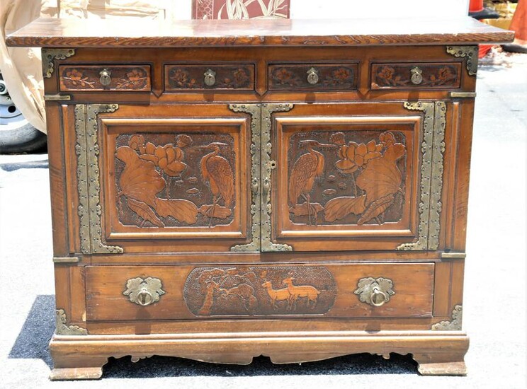 20th C Metal Decorated Chest, Tansu Style