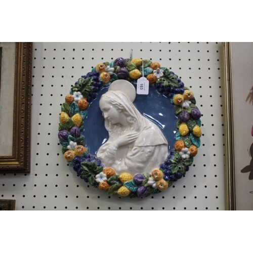 20th century Italian glazed ceramic panel, Mary in relief wi...