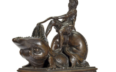 ATTRIBUTED TO FERDINANDO TACCA (1619-1686), FLORENCE, MID-17TH CENTURY, A BRONZE INKWELL IN THE FORM OF ORLANDO PULLING THE ORC FROM THE DEEP