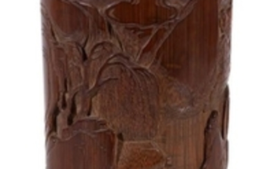 A Chinese bamboo brush pot, carved with a scholar on a