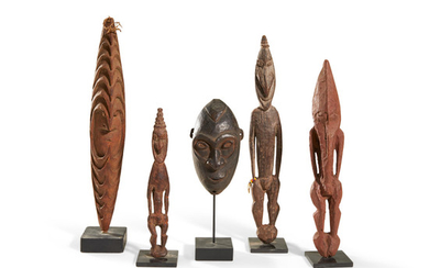 Four Small Figures and a Miniature Mask, Papua New Guinea