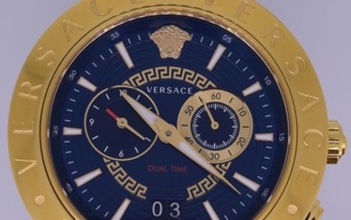 Versace - V-Race Dual Timezone GMT Gold and blue Leather strap Swiss Made- VEB00219 - Men - NEW