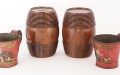 A pair of Sorrento ware turned wooden barrels