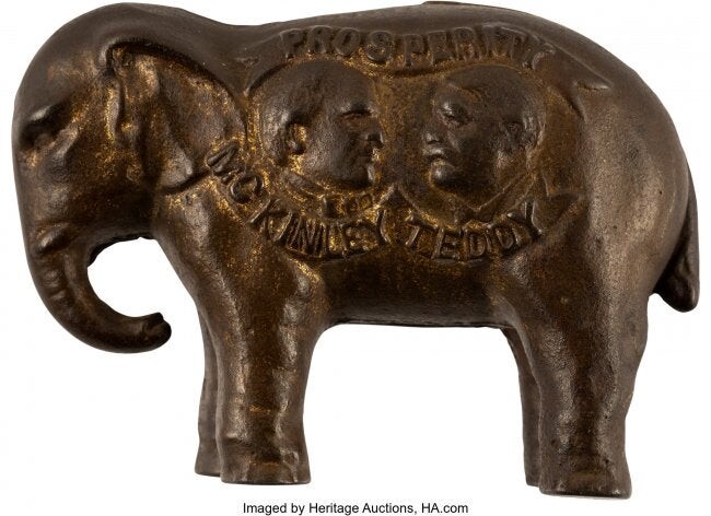 43463: McKinley & Roosevelt: Jugate Elephant Still Bank