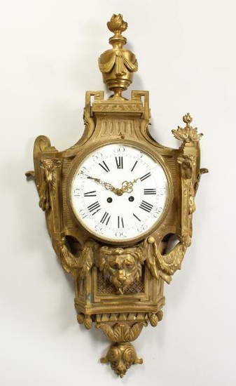 A FRENCH BRONZE CARTEL CLOCK, with urn finial and white