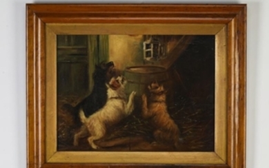 19th c. British School O/c playful terriers