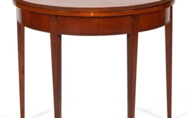 HEPPLEWHITE DEMILUNE CARD TABLE In cherry and cherry veneer. Edge of top with alternating concave molding. Tapered legs. Height 30"....