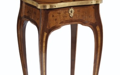 A LOUIS XV ORMOLU-MOUNTED TULIPWOOD, AMARANTH AND BOIS DE BOUT MARQUETRY WORK TABLE, CIRCA 1750
