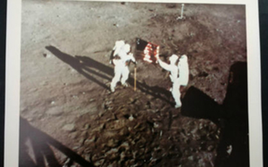 NASA OFFICIAL LITHOGRAPH: ARMSTRONG AND ALDRIN ERRECTING THE US FLAG ON THE MOON.