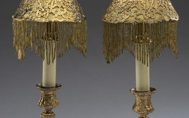 Rococo Revival gilt bronze candlesticks w/ shades