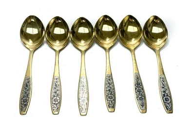 6 Chern Russian 875 Gilt Silver & Niello Tablespoons