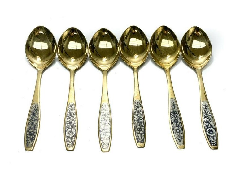 6 Chern Russian 875 Gilt Silver & Niello Tablespoons