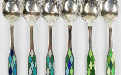 6 Georg Jensen Enameled Sterling Demitasse Spoons